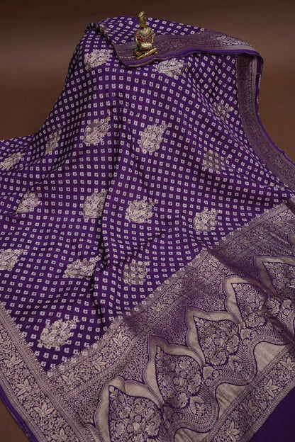 Crushed Munga Banarasi Saree with Bandhini Prints-Purple