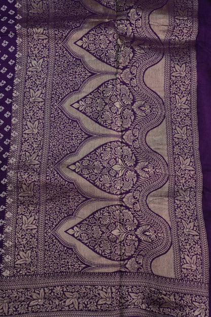 Crushed Munga Banarasi Saree with Bandhini Prints-Purple