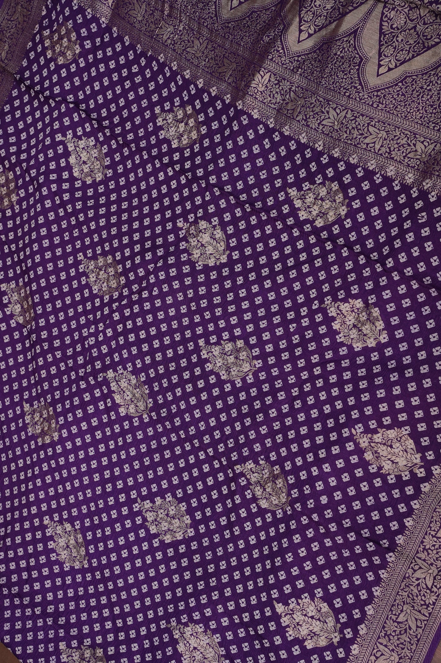 Crushed Munga Banarasi Saree with Bandhini Prints-Purple