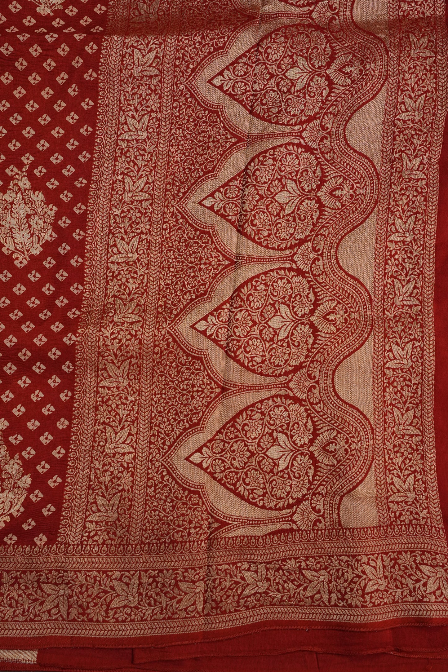 Crushed Munga Banarasi Saree with Bandhini Prints-Rust Orange