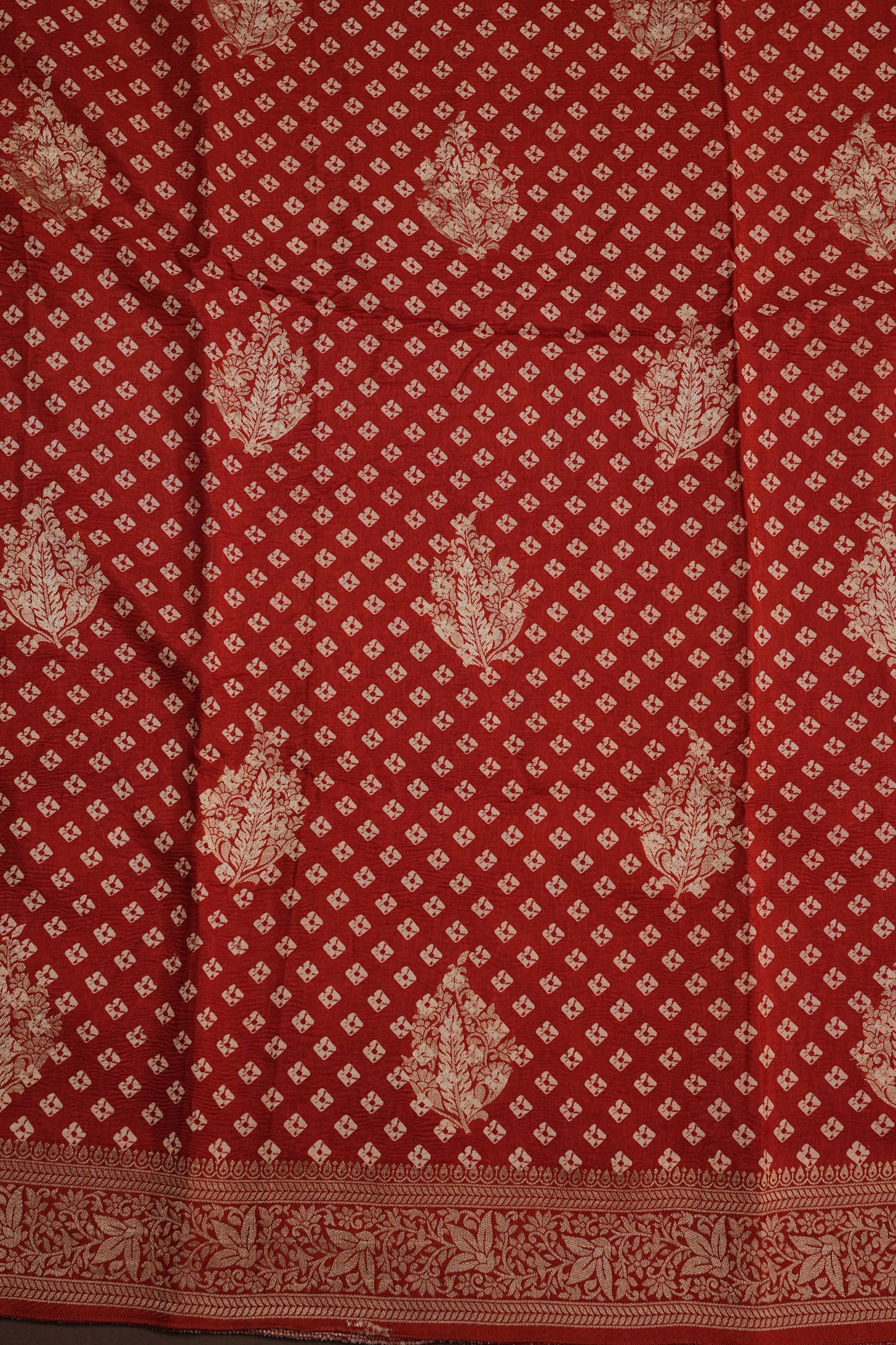 Crushed Munga Banarasi Saree with Bandhini Prints-Rust Orange