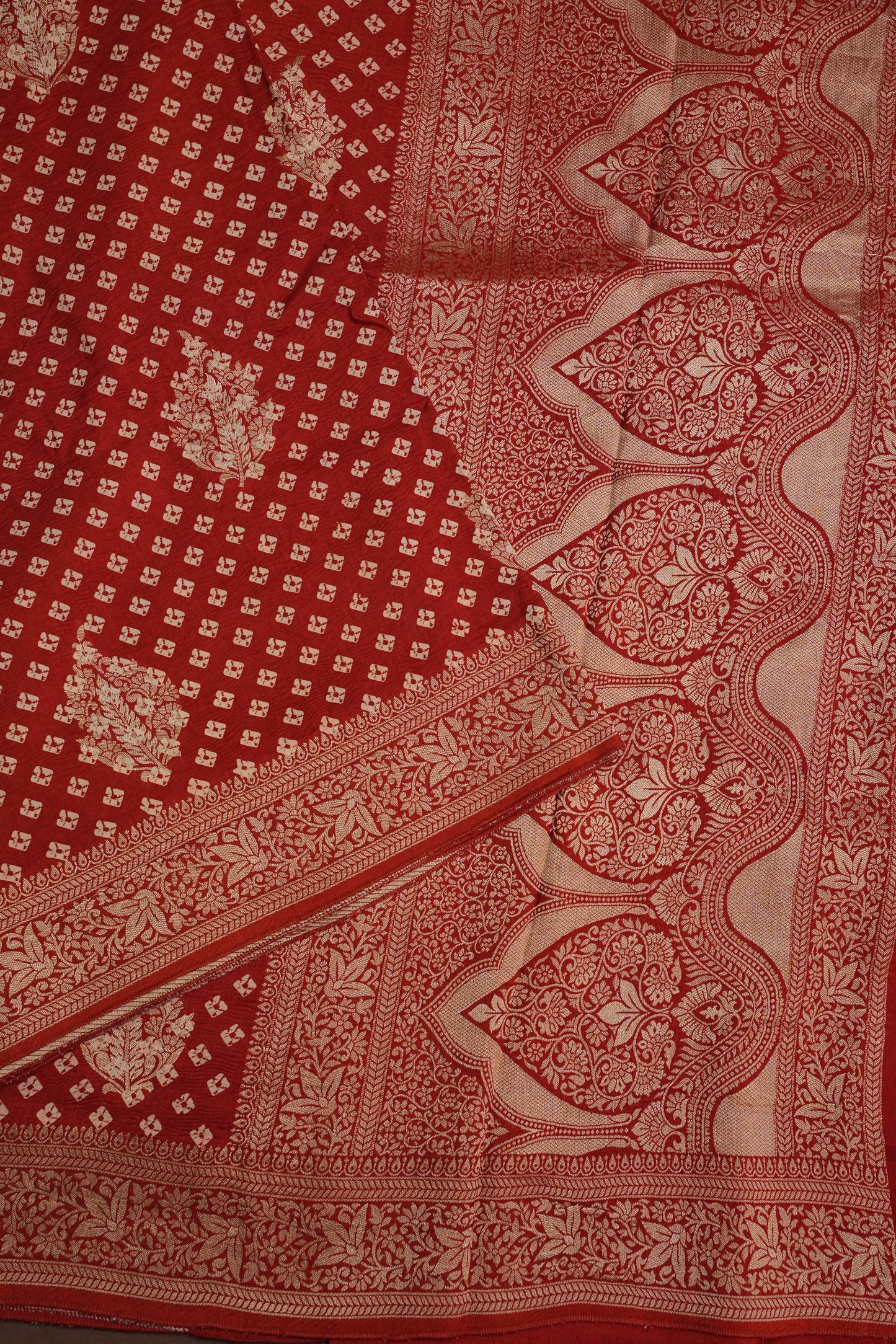 Crushed Munga Banarasi Saree with Bandhini Prints-Rust Orange