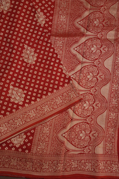 Crushed Munga Banarasi Saree with Bandhini Prints-Rust Orange