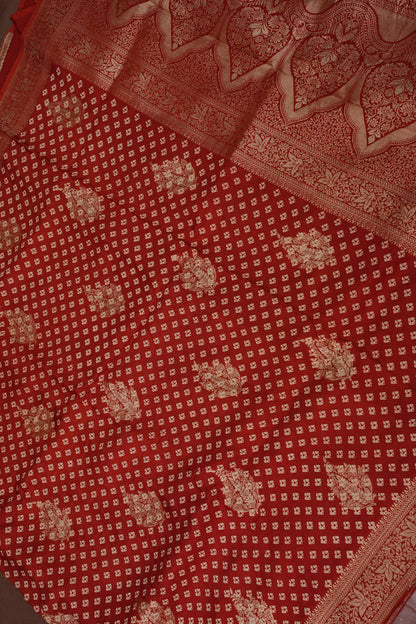 Crushed Munga Banarasi Saree with Bandhini Prints-Rust Orange