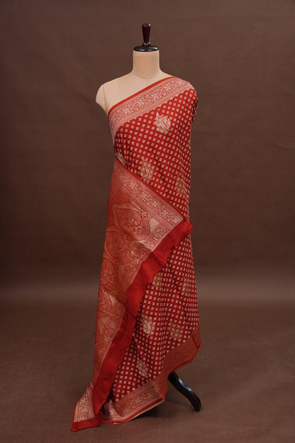 Crushed Munga Banarasi Saree with Bandhini Prints-Rust Orange