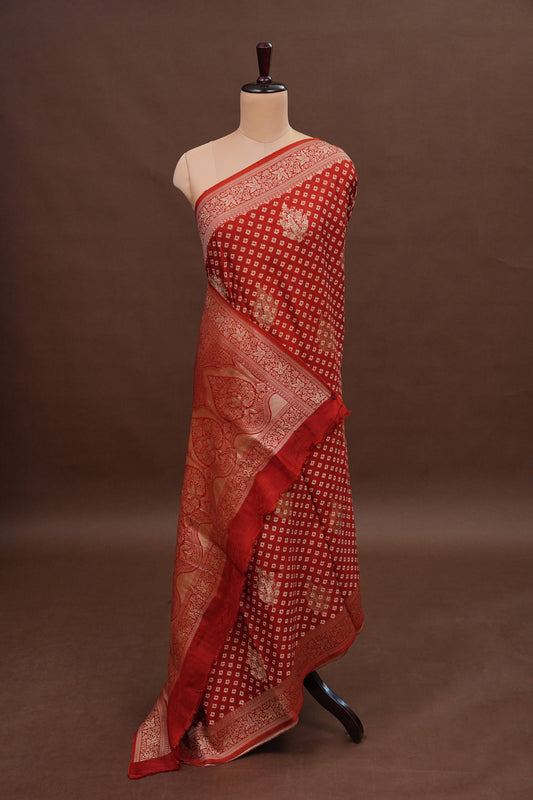 Crushed Munga Banarasi Saree with Bandhini Prints-Rust Orange