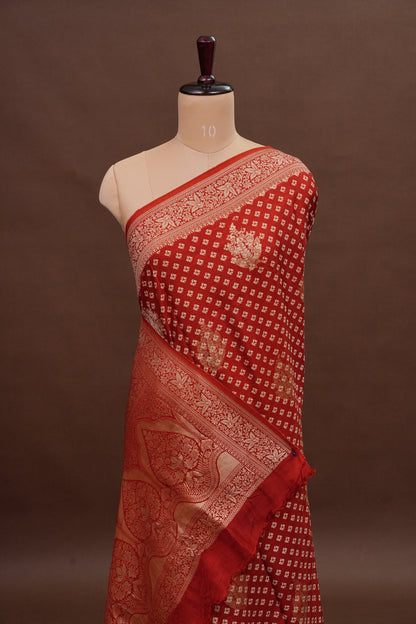 Crushed Munga Banarasi Saree with Bandhini Prints-Rust Orange