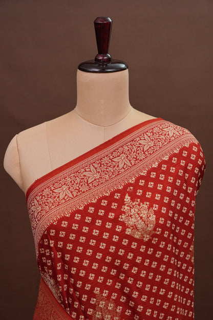 Crushed Munga Banarasi Saree with Bandhini Prints-Rust Orange
