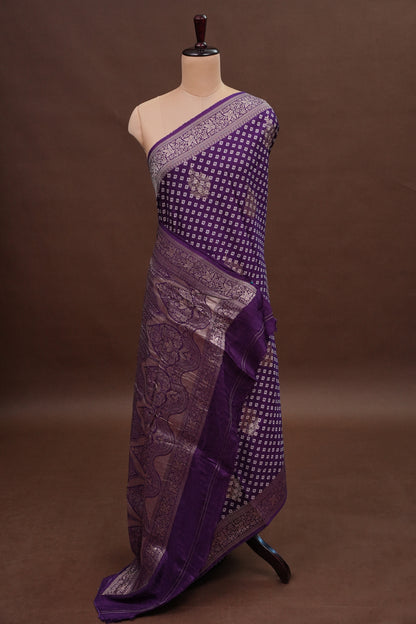 Crushed Munga Banarasi Saree with Bandhini Prints-Purple