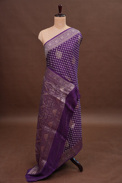 Crushed Munga Banarasi Saree with Bandhini Prints-Purple