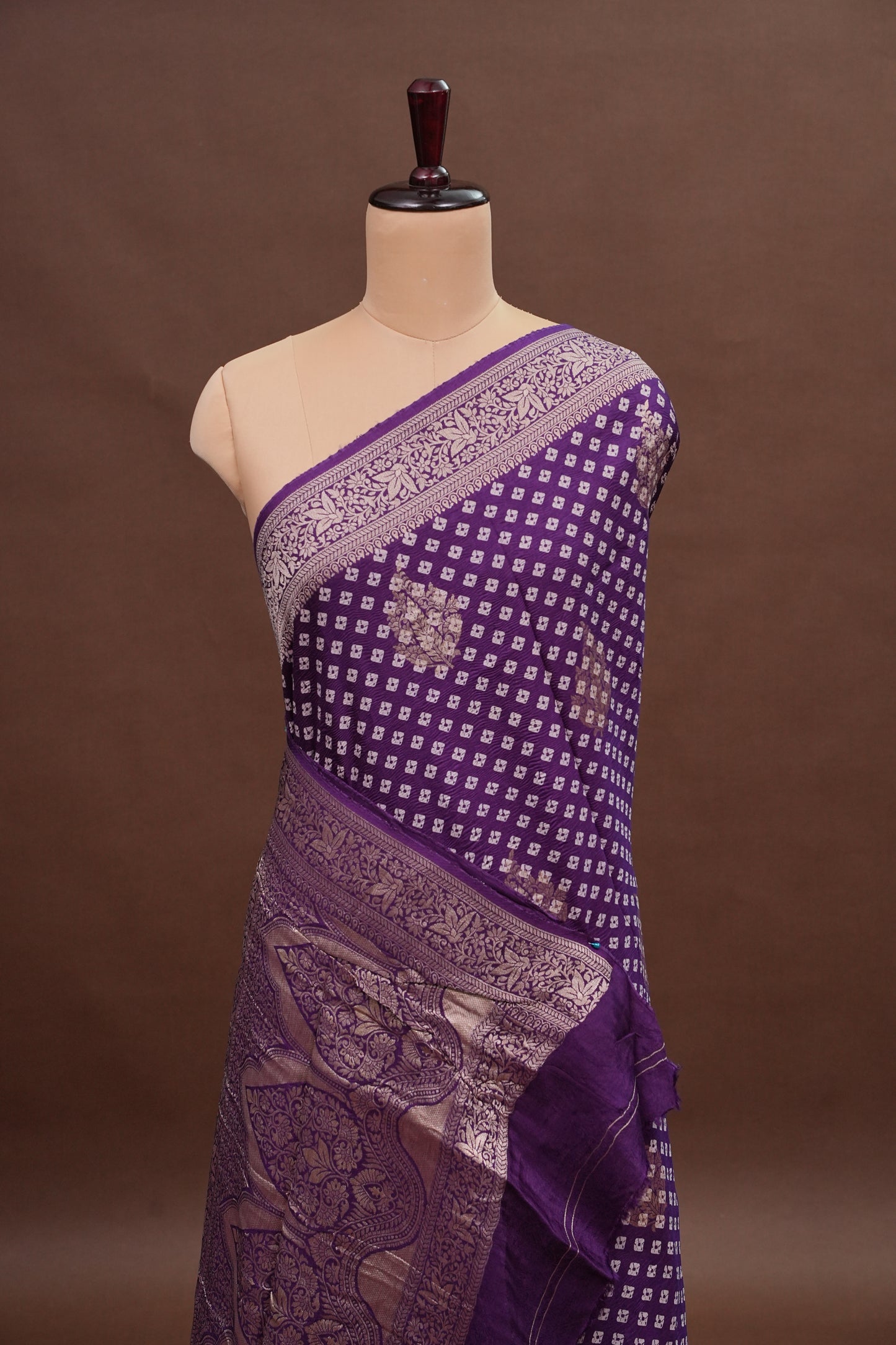 Crushed Munga Banarasi Saree with Bandhini Prints-Purple