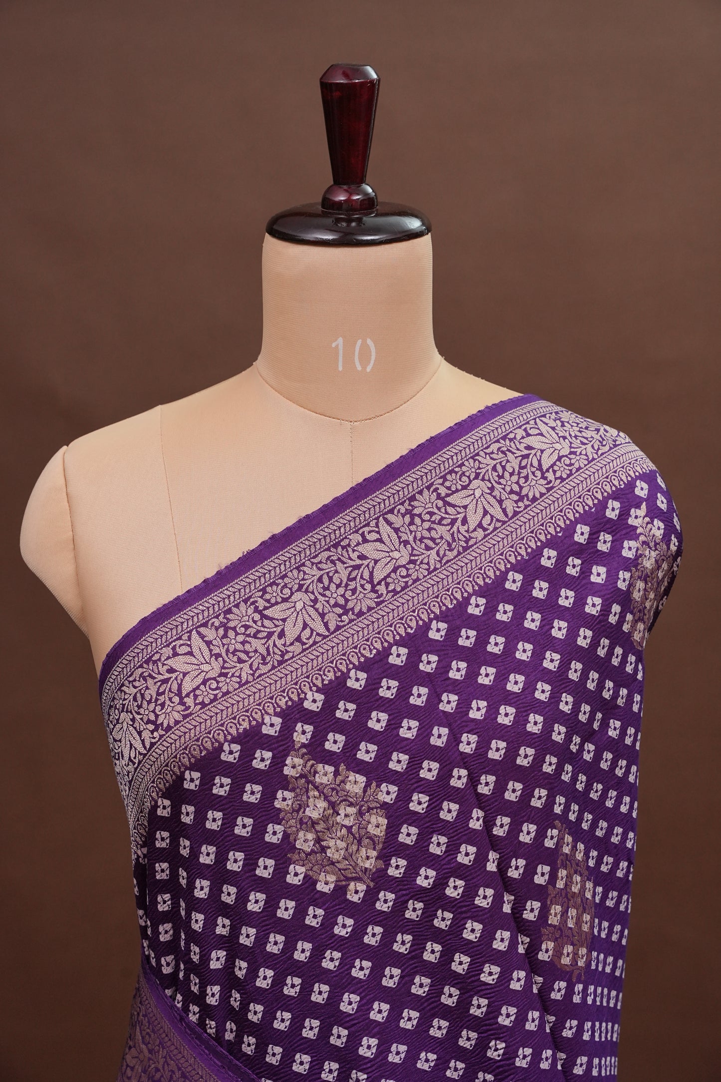 Crushed Munga Banarasi Saree with Bandhini Prints-Purple