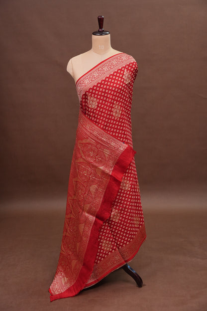 Crushed Munga Banarasi Saree with Bandhini Prints-Red