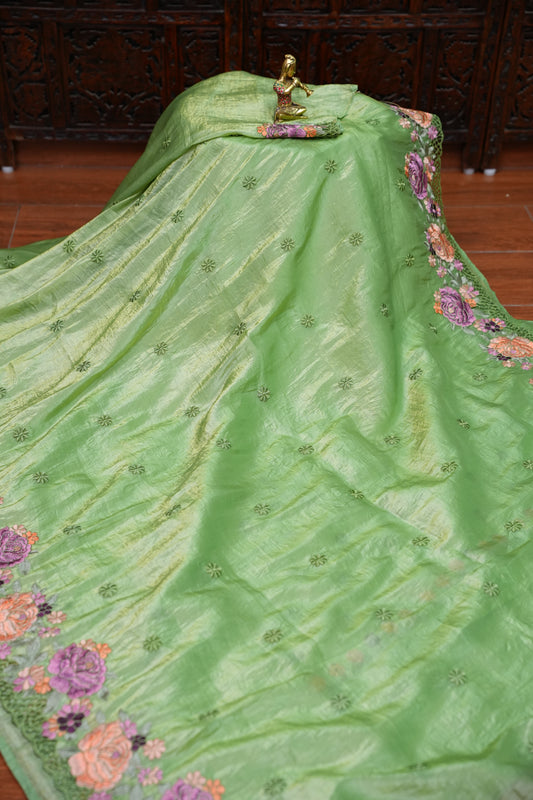 Soft Organza Glass Tissue Saree with Floral Cutwork Embroidery – Green