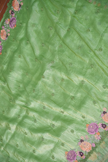 Soft Organza Glass Tissue Saree with Floral Cutwork Embroidery – Green