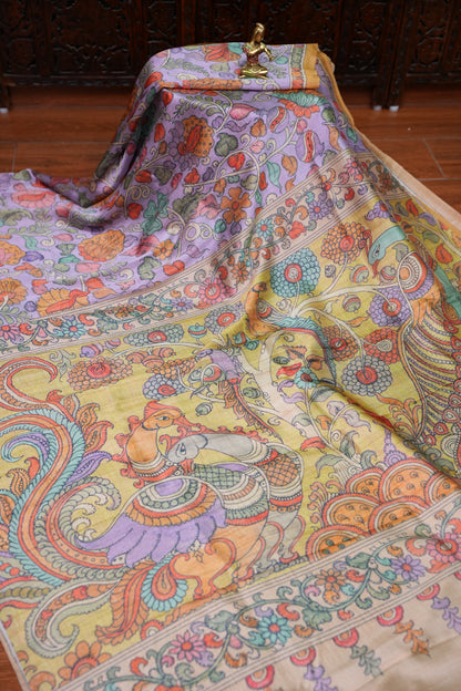 Tussar Silk Saree with Floral Kalamkari Digital Print – Lavender