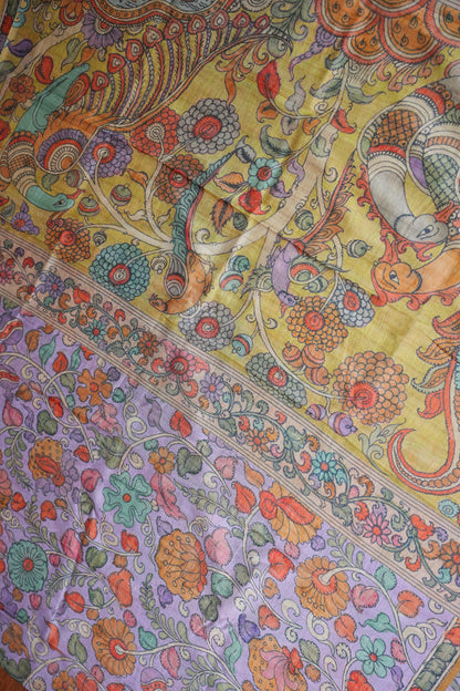 Tussar Silk Saree with Floral Kalamkari Digital Print – Lavender