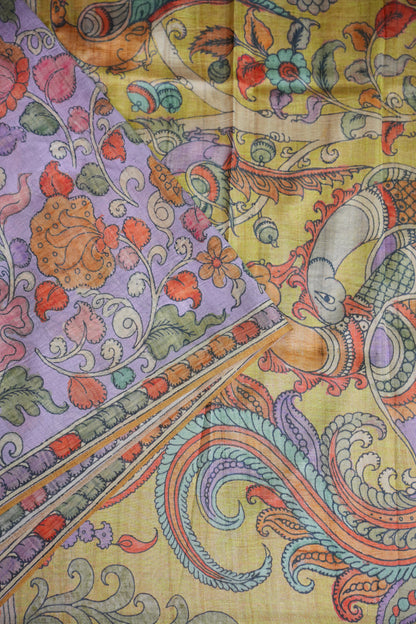 Tussar Silk Saree with Floral Kalamkari Digital Print – Lavender