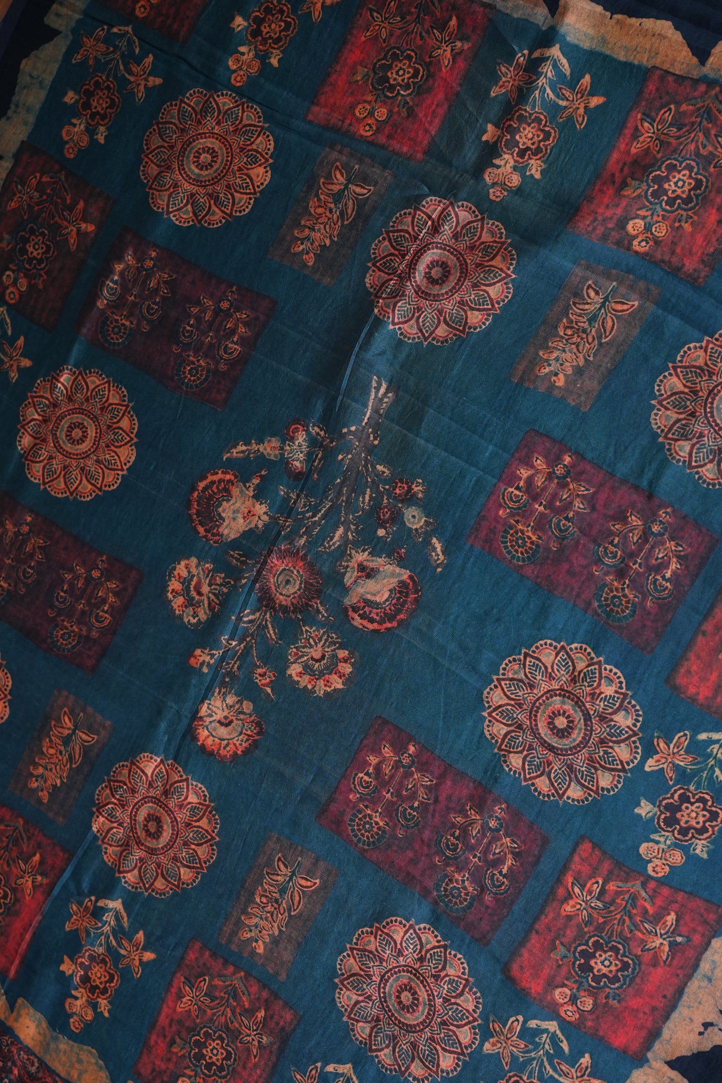 Tussar Silk Saree with Vintage Kalamkari Digital Print – Midnight Blue