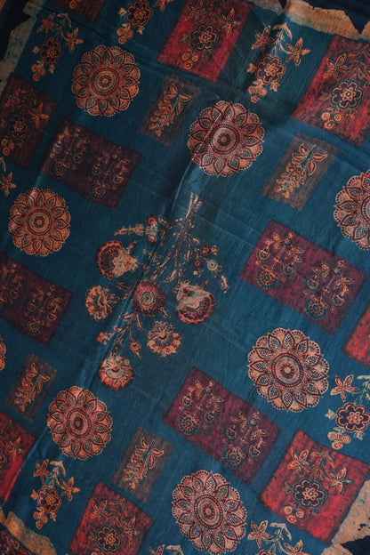 Tussar Silk Saree with Vintage Kalamkari Digital Print – Midnight Blue