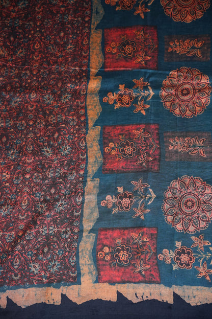 Tussar Silk Saree with Vintage Kalamkari Digital Print – Midnight Blue