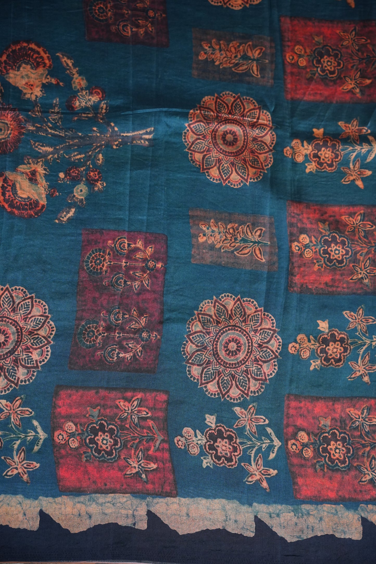 Tussar Silk Saree with Vintage Kalamkari Digital Print – Midnight Blue
