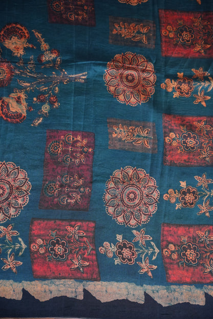 Tussar Silk Saree with Vintage Kalamkari Digital Print – Midnight Blue