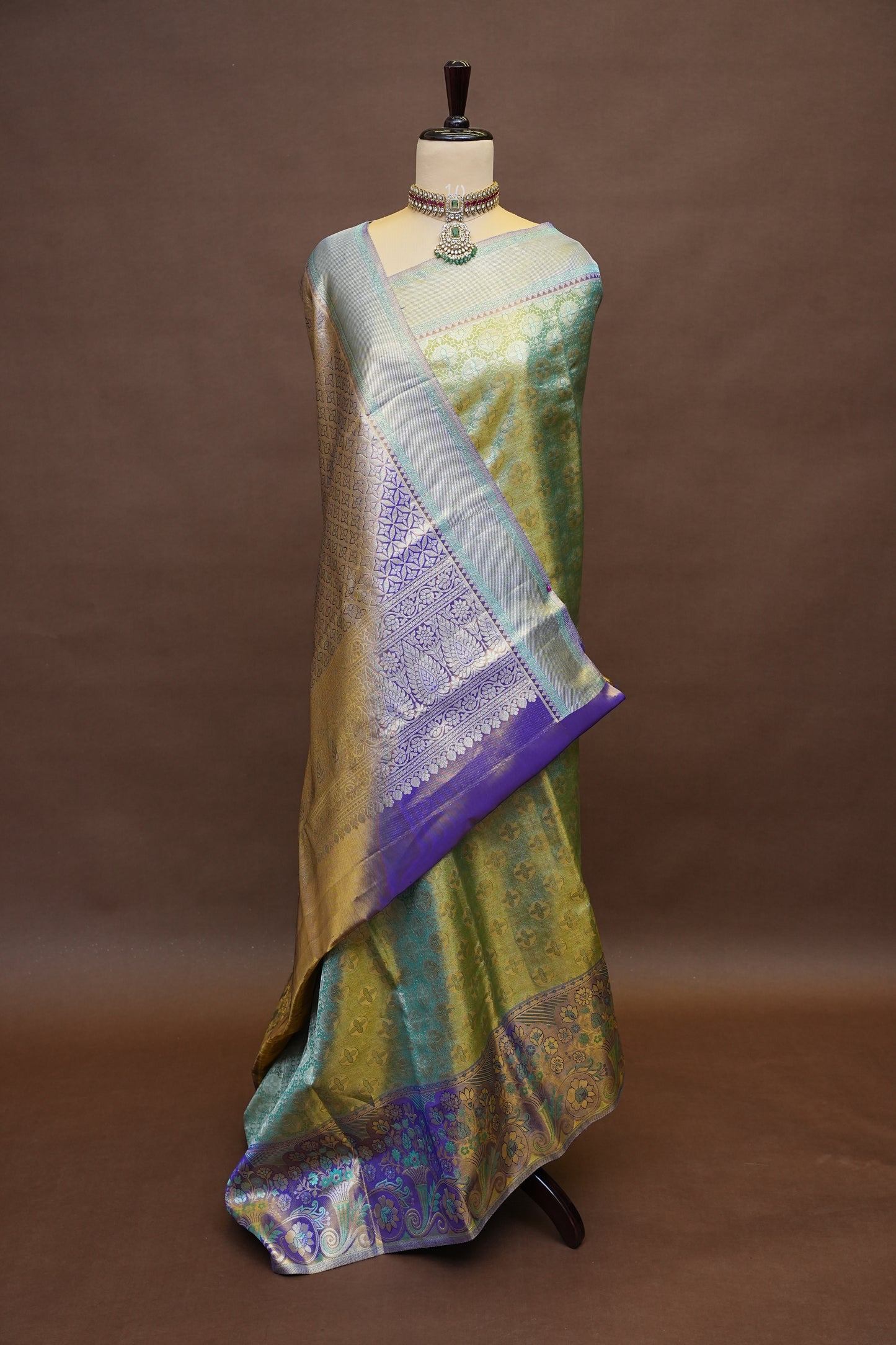 Olive Green & Royal Violet Pure Tissue Kanchipuram Silk Saree|Silk Mark Certified