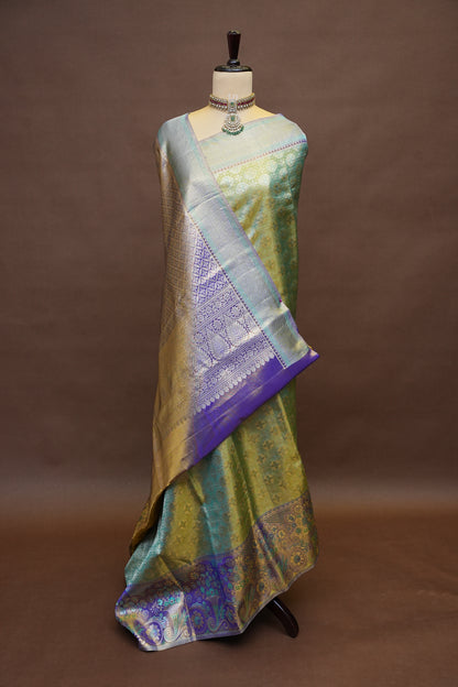 Olive Green & Royal Violet Pure Tissue Kanchipuram Silk Saree|Silk Mark Certified