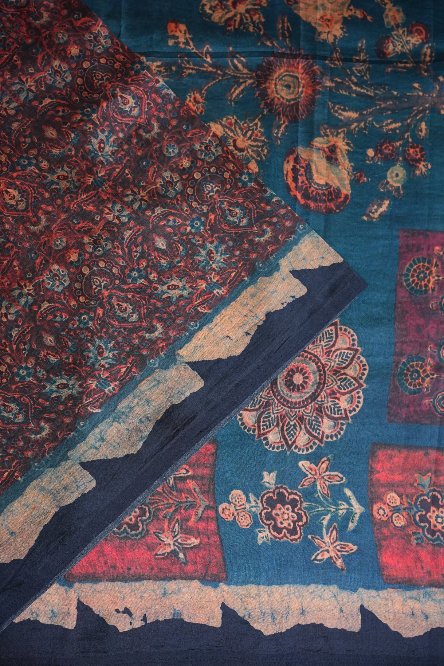 Tussar Silk Saree with Vintage Kalamkari Digital Print – Midnight Blue