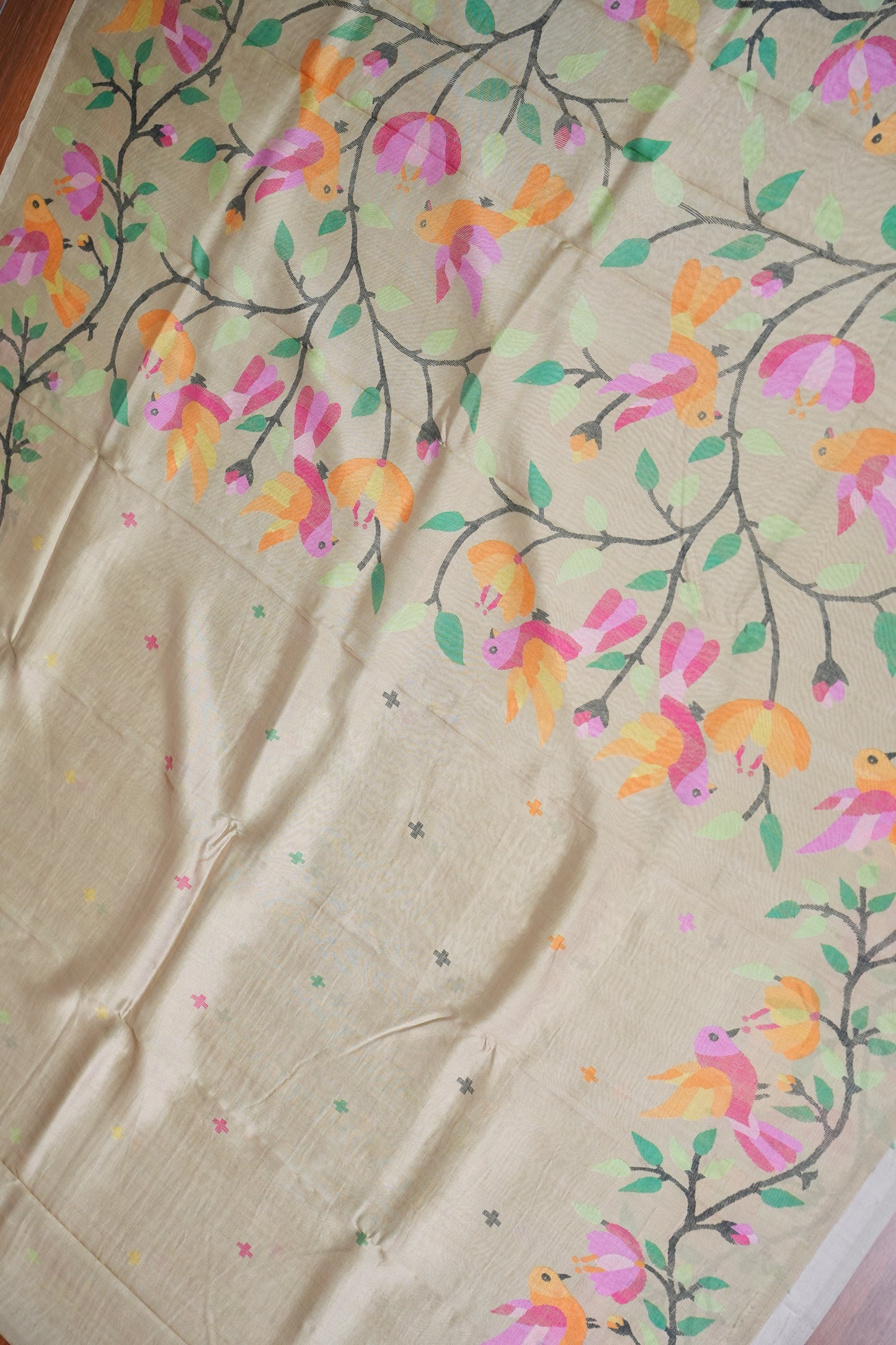 Tussar Silk Saree with Bird & Floral Kalamkari Digital Print – Beige Gold