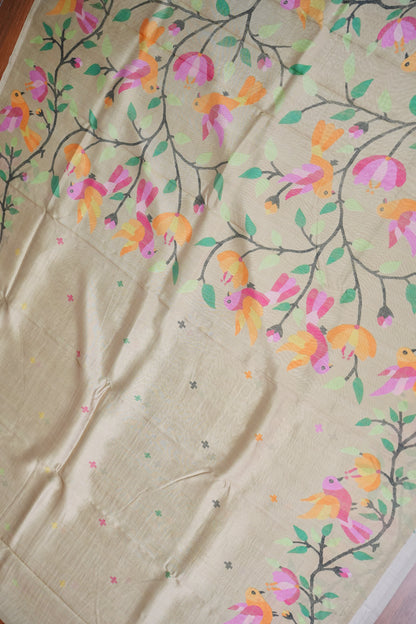Tussar Silk Saree with Bird & Floral Kalamkari Digital Print – Beige Gold