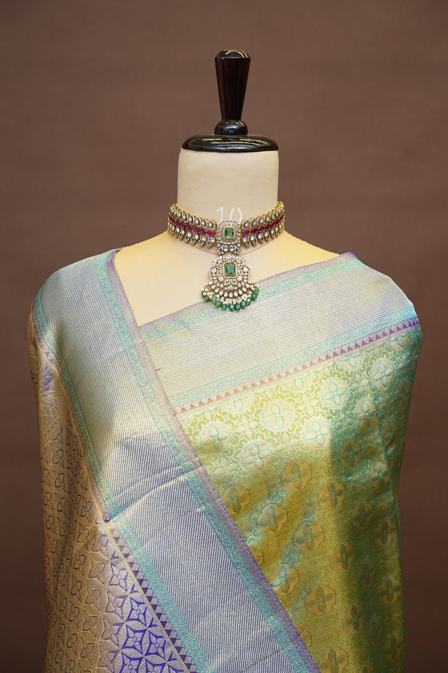 Olive Green & Royal Violet Pure Tissue Kanchipuram Silk Saree|Silk Mark Certified