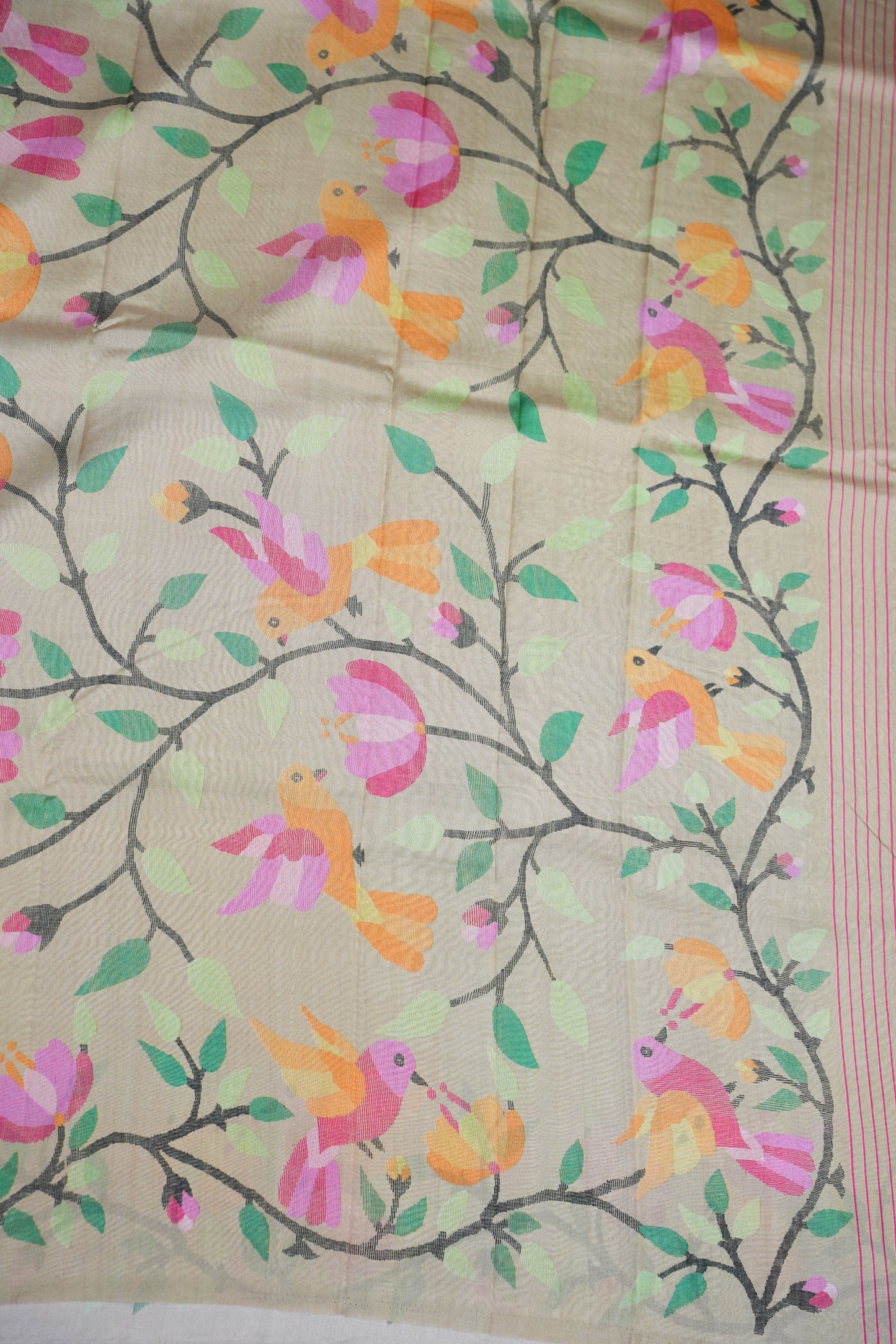 Tussar Silk Saree with Bird & Floral Kalamkari Digital Print – Beige Gold