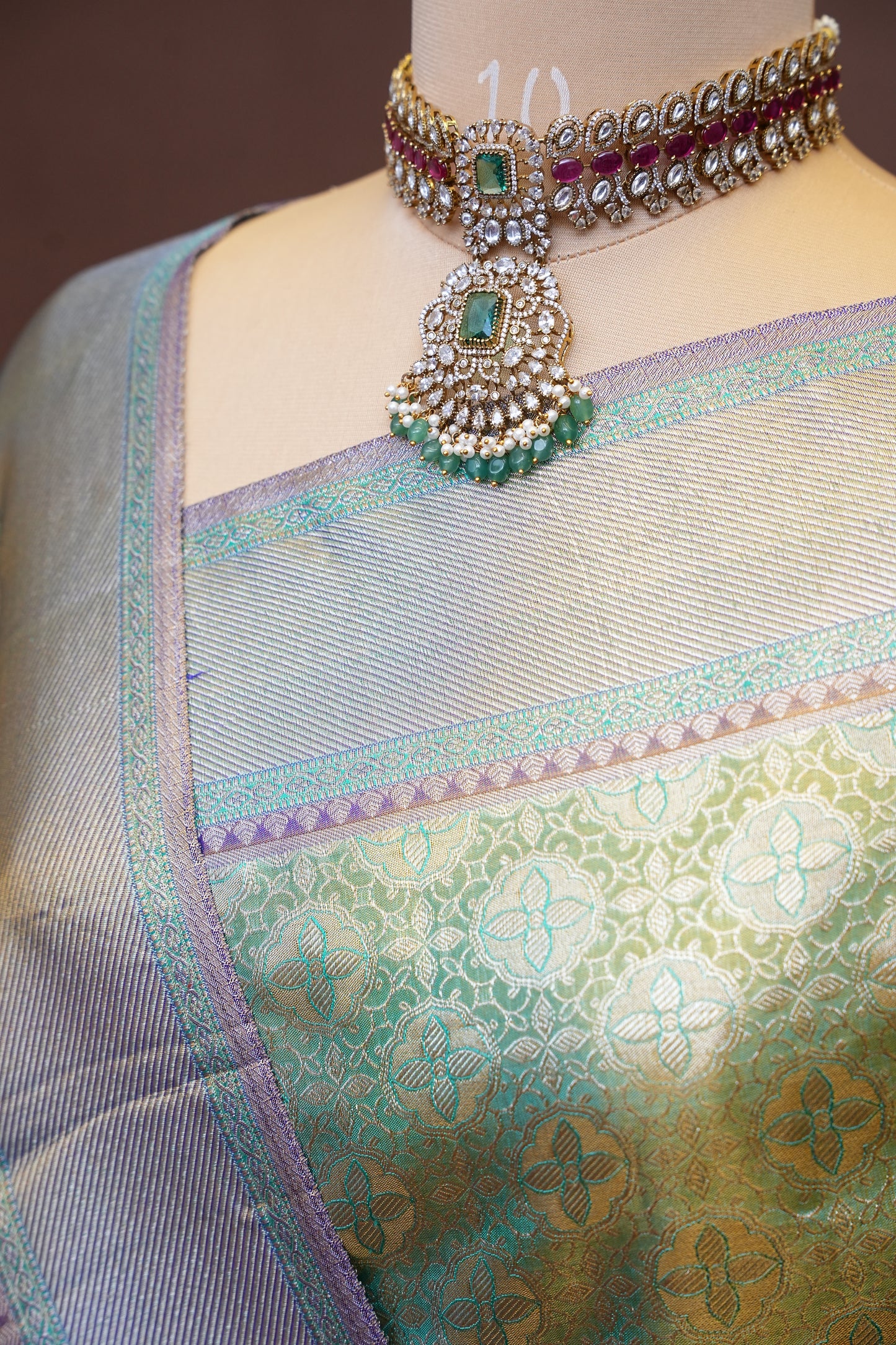 Olive Green & Royal Violet Pure Tissue Kanchipuram Silk Saree|Silk Mark Certified