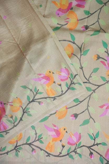 Tussar Silk Saree with Bird & Floral Kalamkari Digital Print – Beige Gold