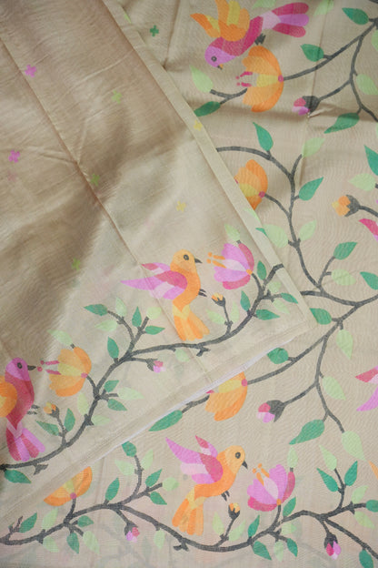 Tussar Silk Saree with Bird & Floral Kalamkari Digital Print – Beige Gold