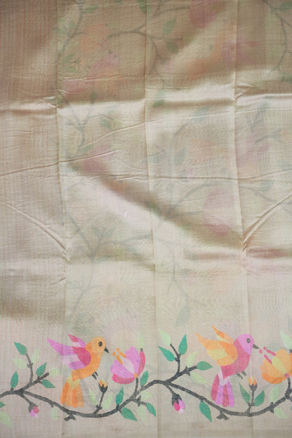 Tussar Silk Saree with Bird & Floral Kalamkari Digital Print – Beige Gold