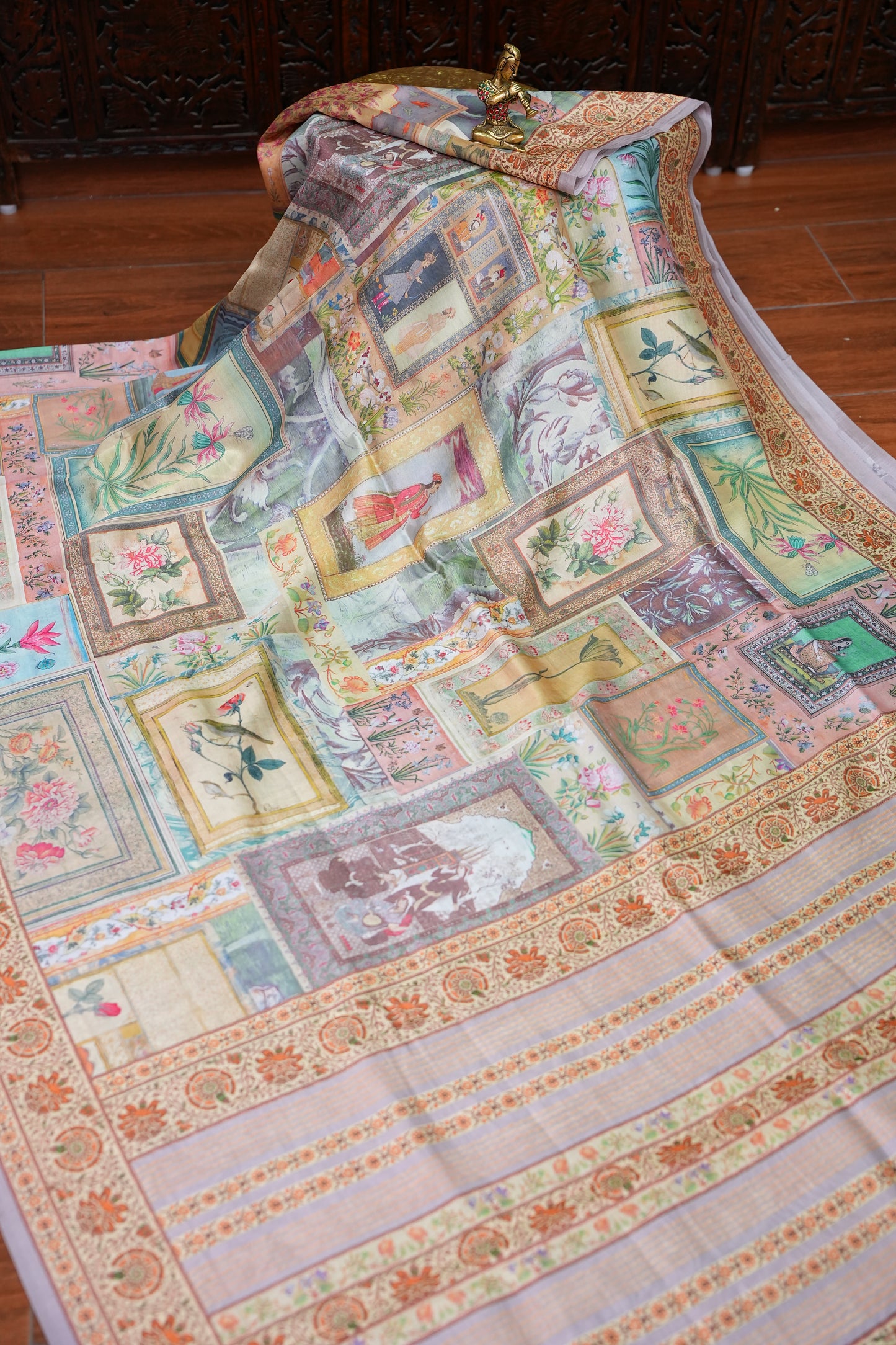 Tussar Silk Saree with Vintage Botanical Digital Print – Pastel Multicolour