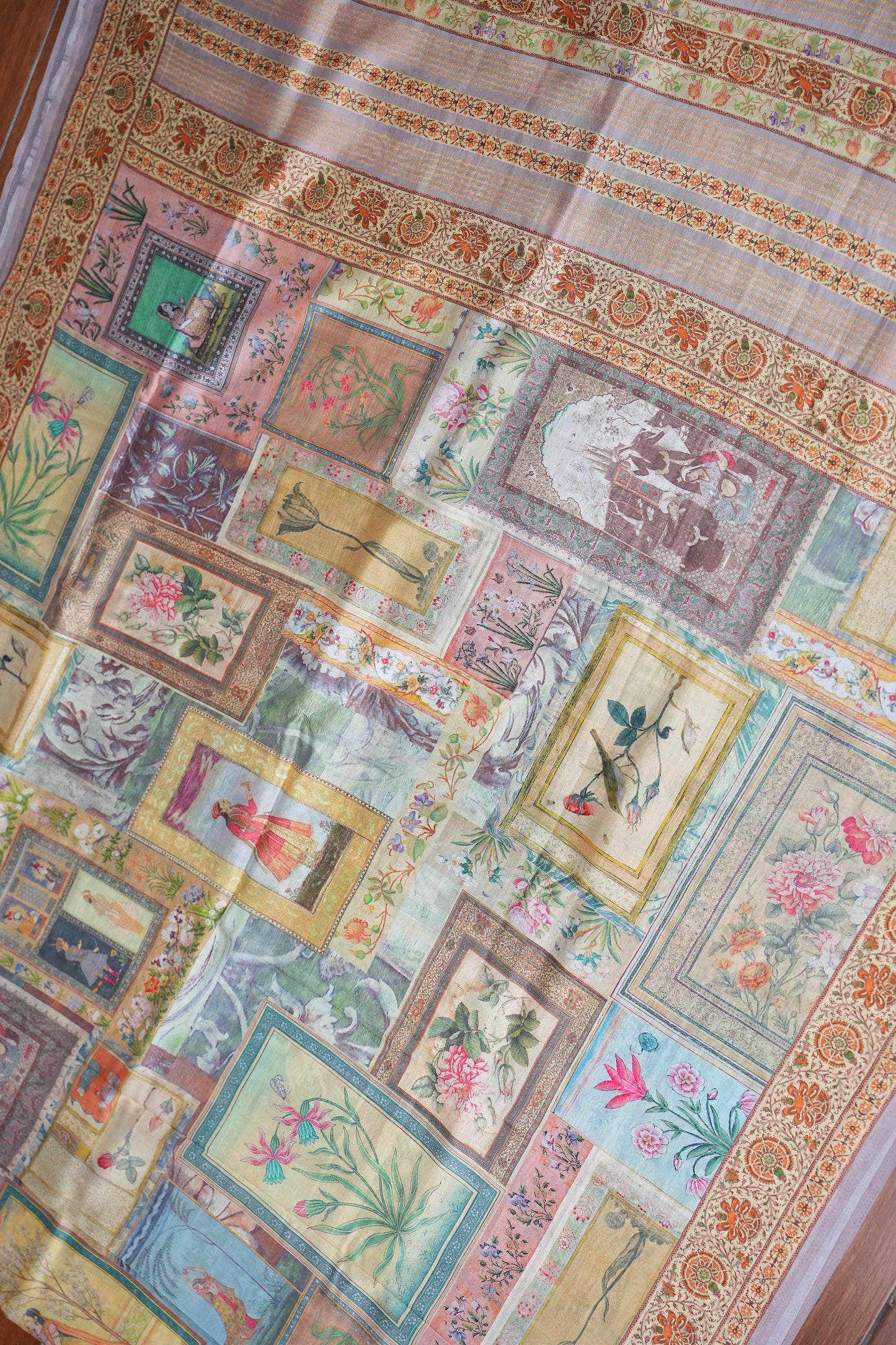 Tussar Silk Saree with Vintage Botanical Digital Print – Pastel Multicolour