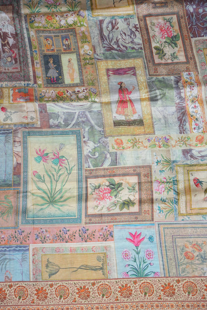 Tussar Silk Saree with Vintage Botanical Digital Print – Pastel Multicolour
