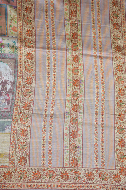 Tussar Silk Saree with Vintage Botanical Digital Print – Pastel Multicolour