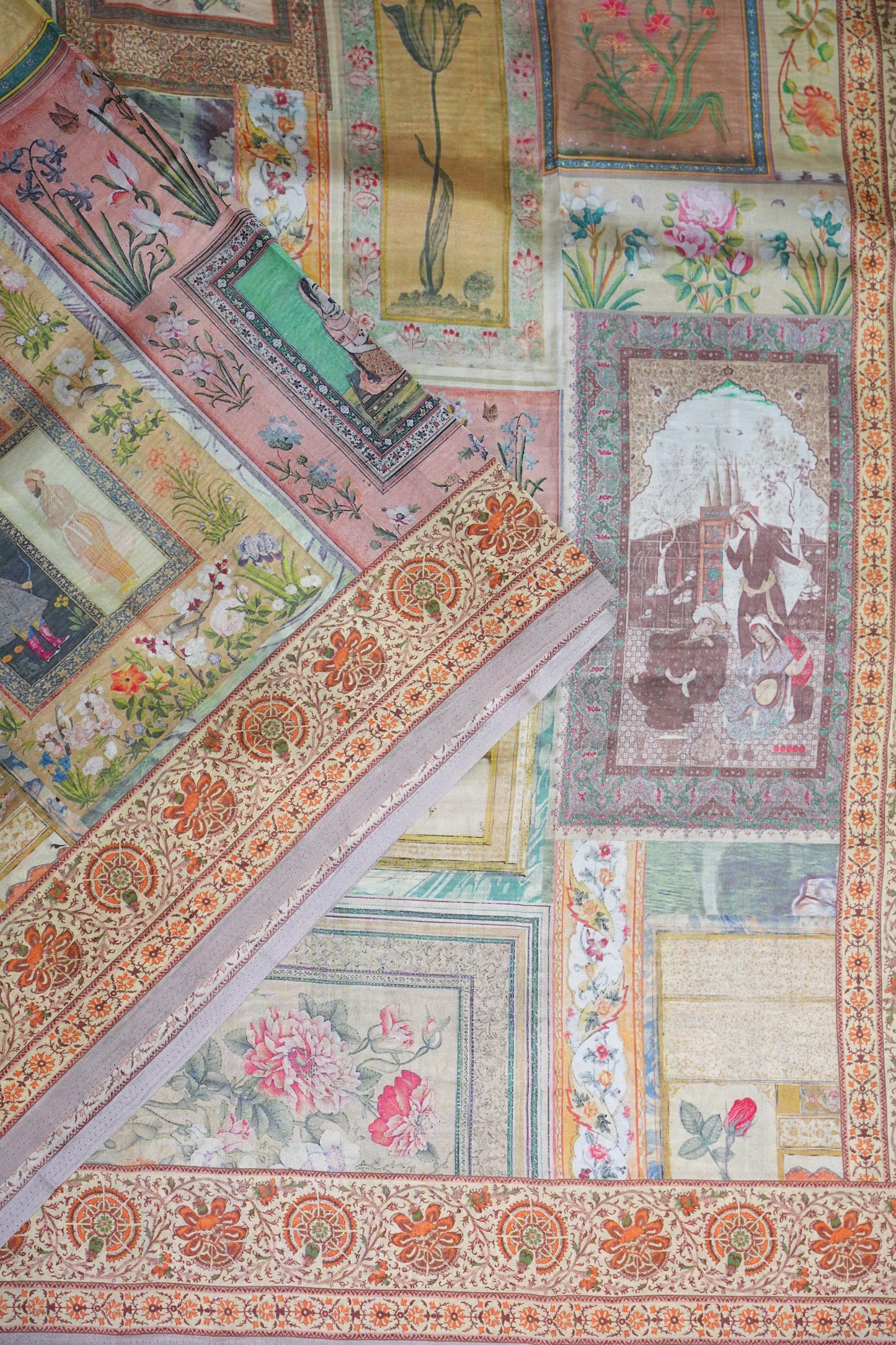 Tussar Silk Saree with Vintage Botanical Digital Print – Pastel Multicolour