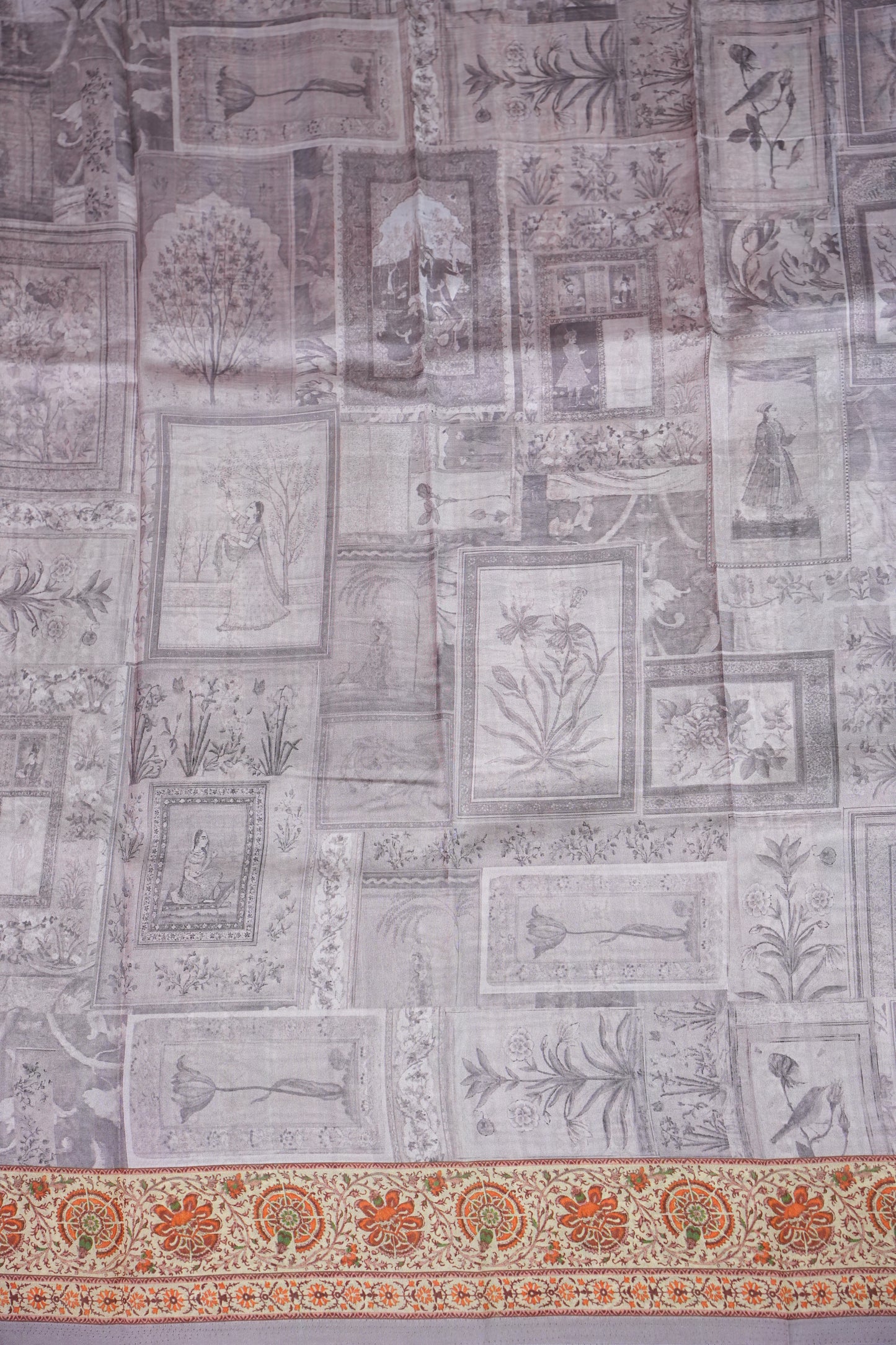 Tussar Silk Saree with Vintage Botanical Digital Print – Pastel Multicolour