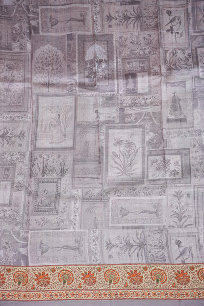 Tussar Silk Saree with Vintage Botanical Digital Print – Pastel Multicolour