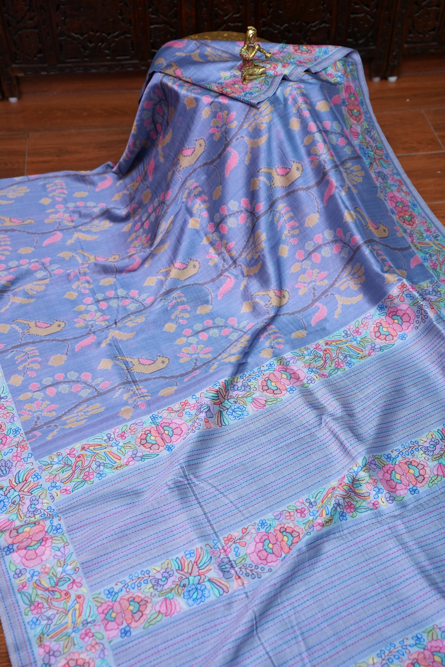 Tussar Silk Saree with Floral & Bird Kalamkari Digital Print – Powder Blue