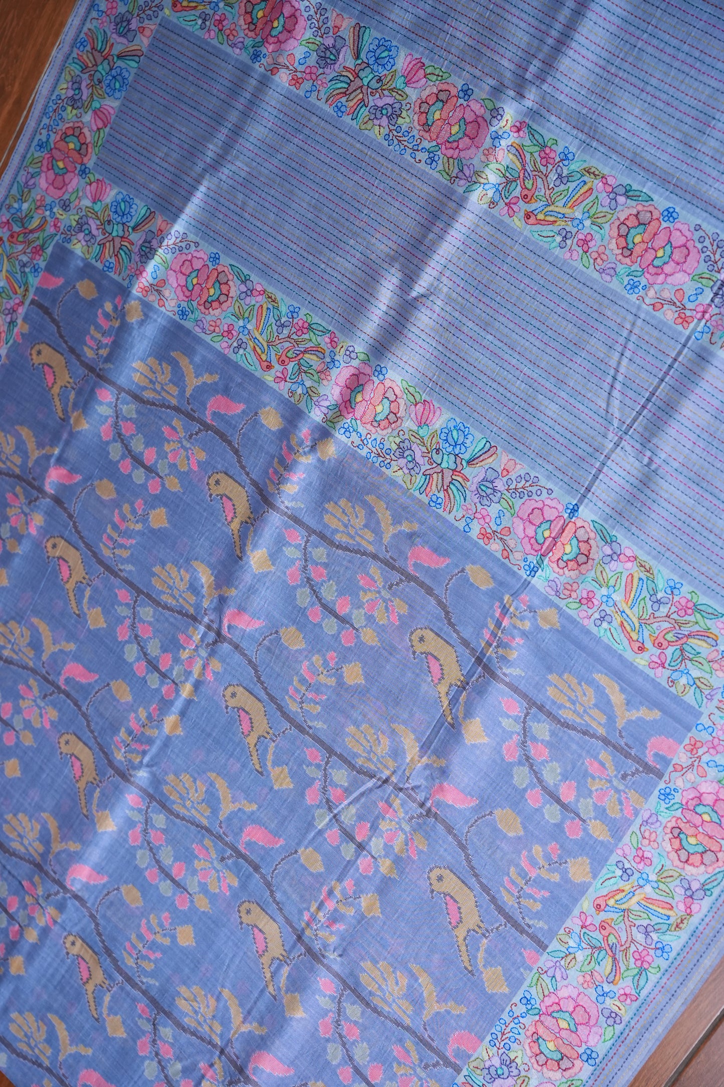 Tussar Silk Saree with Floral & Bird Kalamkari Digital Print – Powder Blue