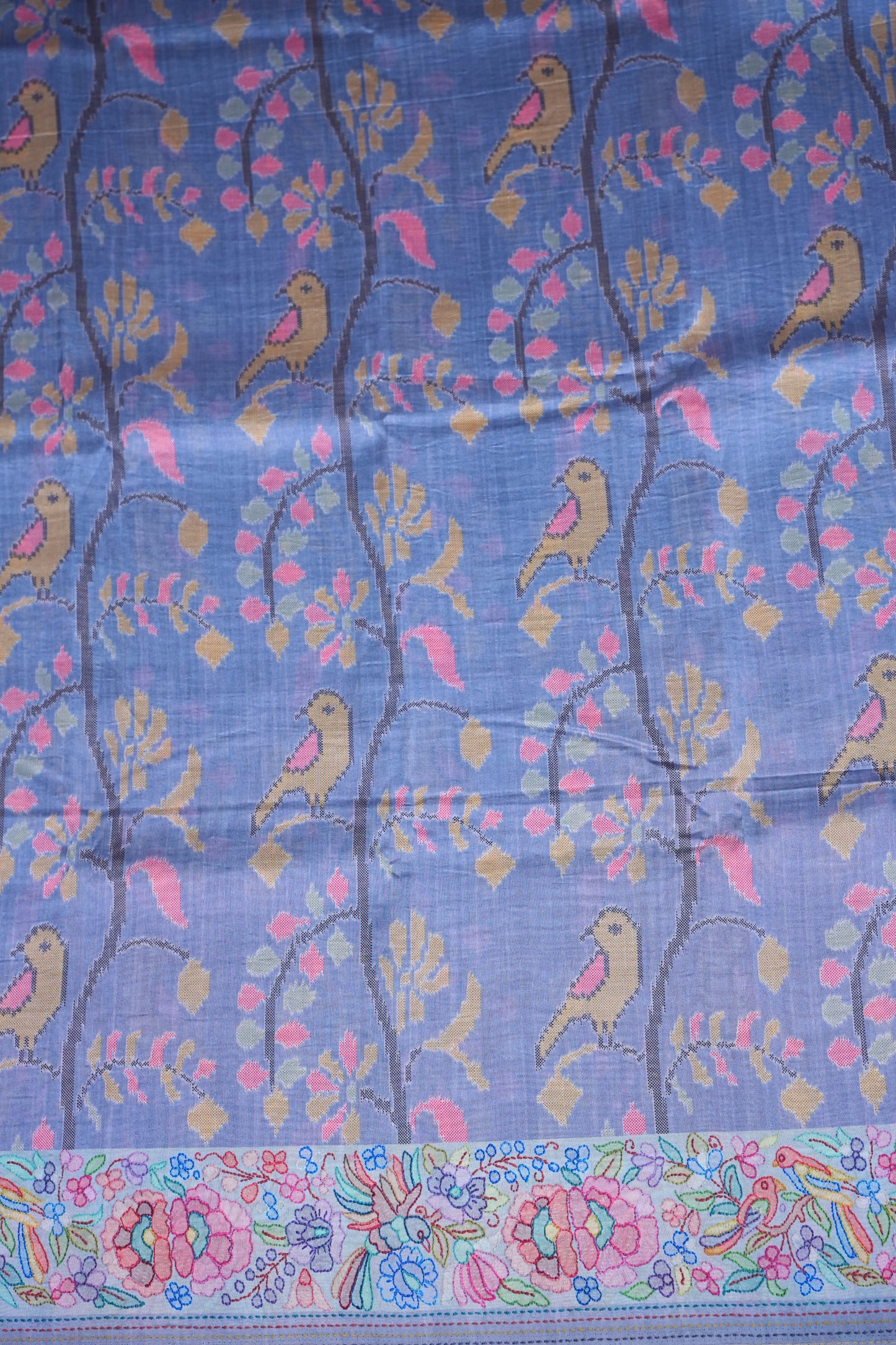 Tussar Silk Saree with Floral & Bird Kalamkari Digital Print – Powder Blue
