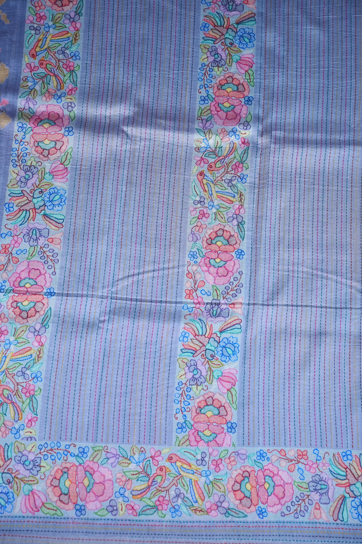 Tussar Silk Saree with Floral & Bird Kalamkari Digital Print – Powder Blue