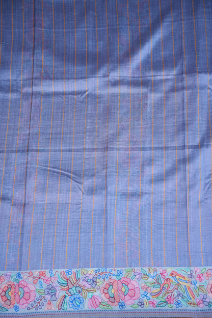 Tussar Silk Saree with Floral & Bird Kalamkari Digital Print – Powder Blue